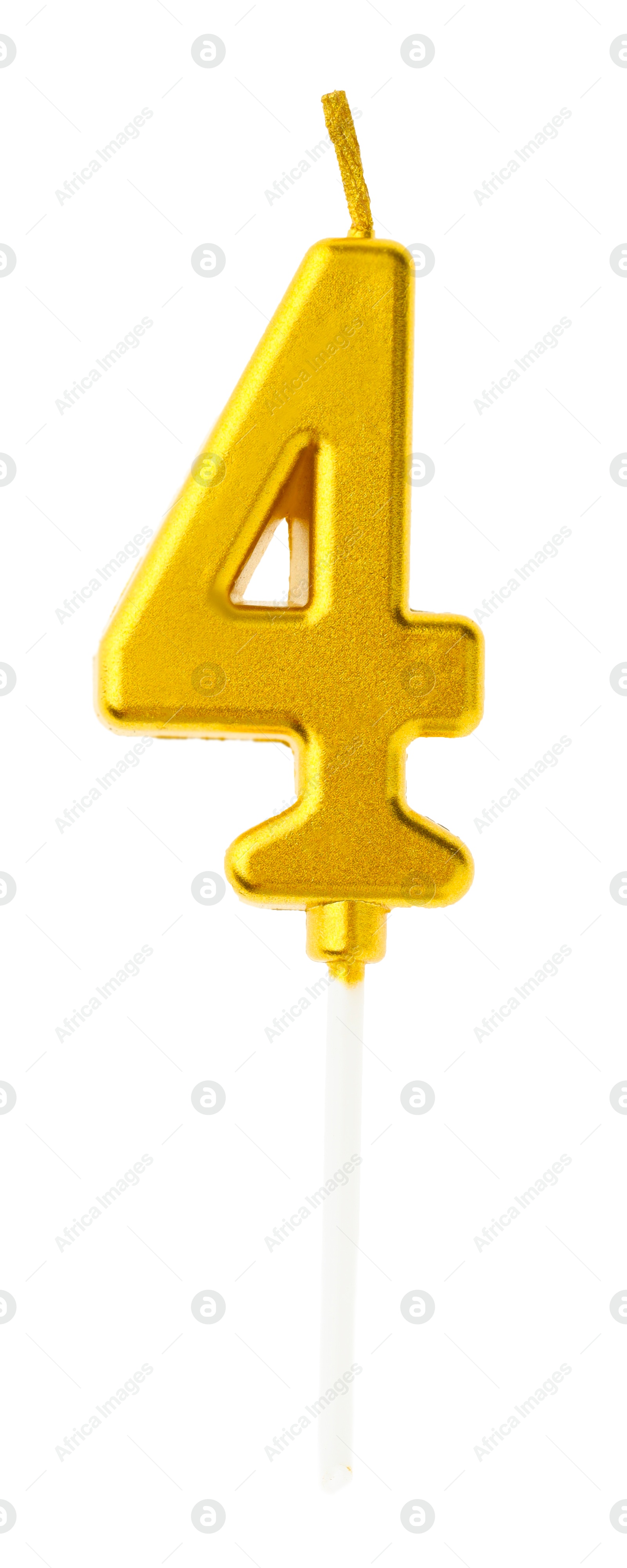 Photo of Golden birthday candle in shape of number 4 isolated on white