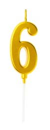 Photo of Golden birthday candle in shape of number 6 isolated on white