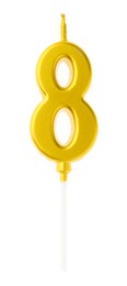 Photo of Golden birthday candle in shape of number 8 isolated on white