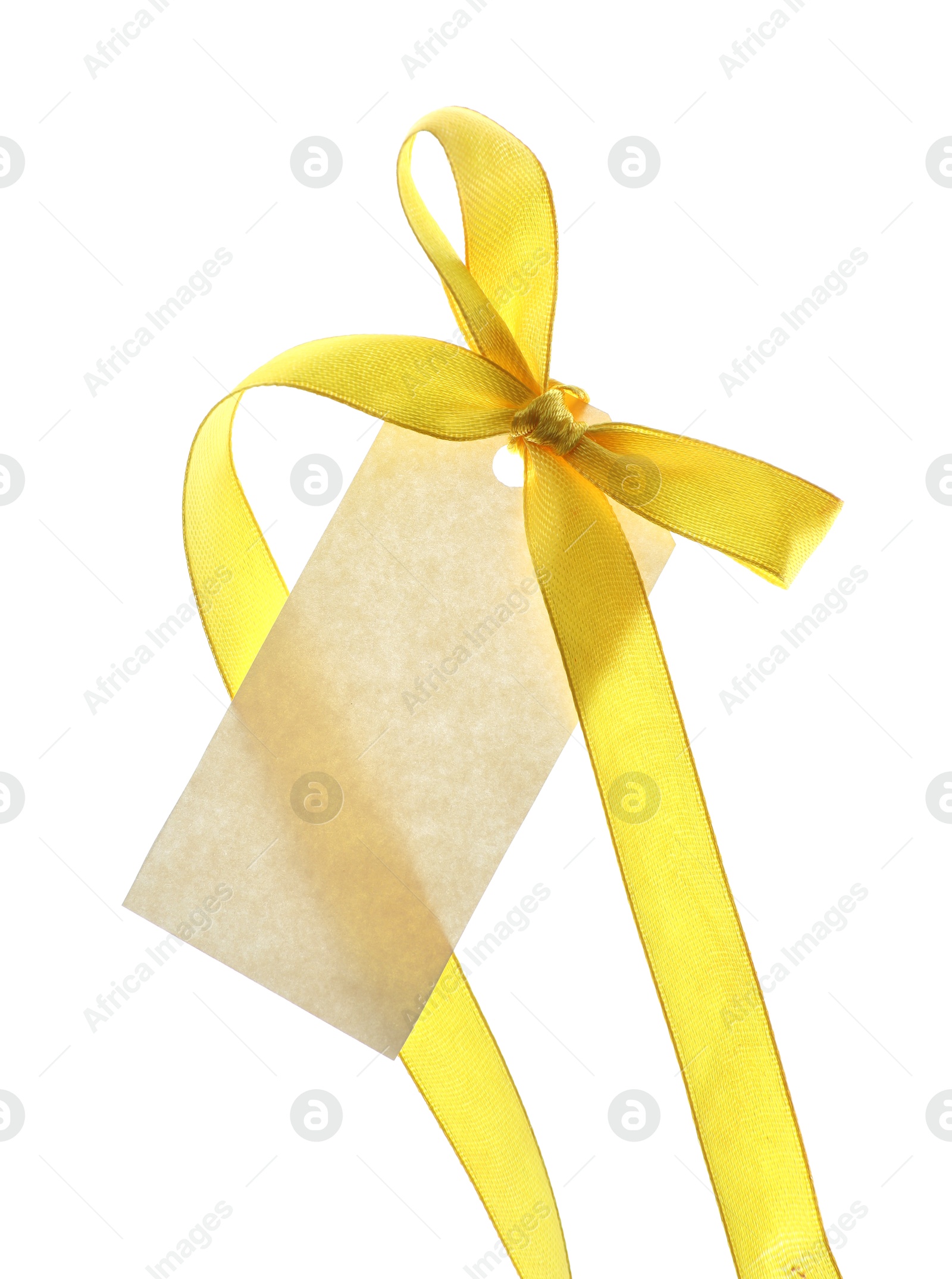 Blank tag with ribbon bow isolated on white Photo of Blank tag with ribbon bow isolated on white
