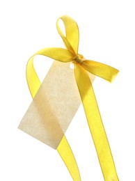 Photo of Blank tag with ribbon bow isolated on white