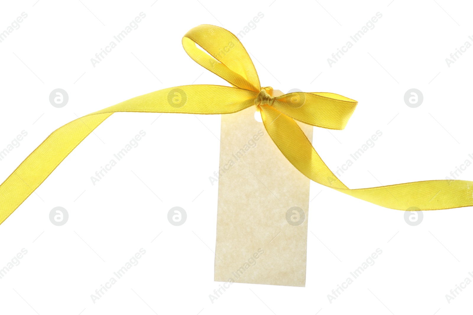 Blank tag with ribbon bow isolated on white Photo of Blank tag with ribbon bow isolated on white