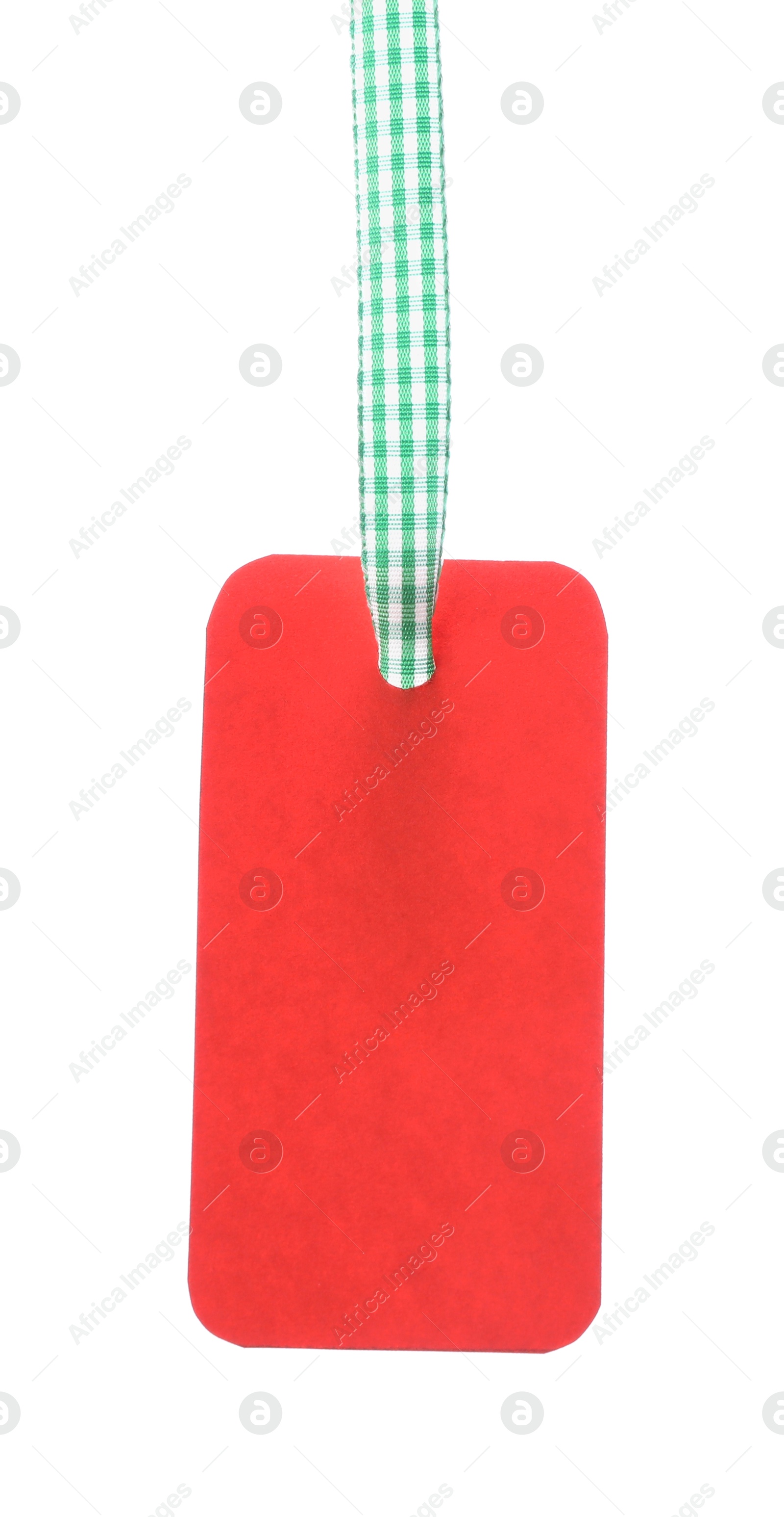 Blank tag with ribbon isolated on white Photo of Blank tag with ribbon isolated on white
