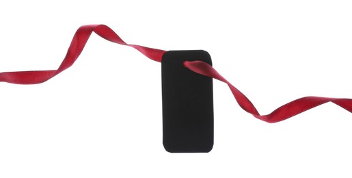 Photo of Blank tag with ribbon isolated on white