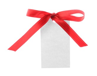 Photo of Blank tag with ribbon bow isolated on white