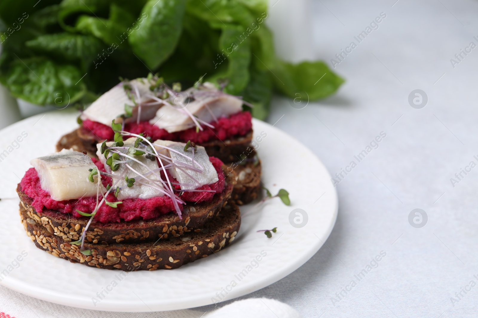 Photo of Tasty sandwiches with herring and horseradish sauce on light table, closeup. Space for text