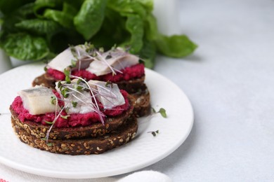 Photo of Tasty sandwiches with herring and horseradish sauce on light table, closeup. Space for text