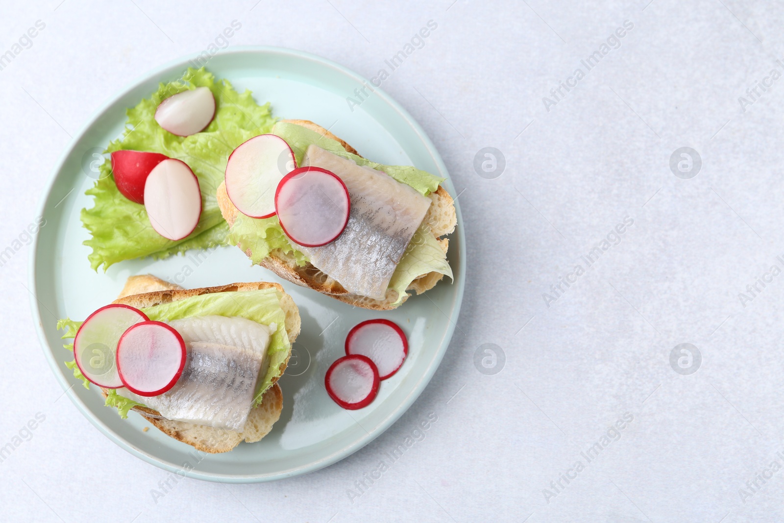 Photo of Tasty sandwiches with herring, radish and lettuce on light table, top view. Space for text