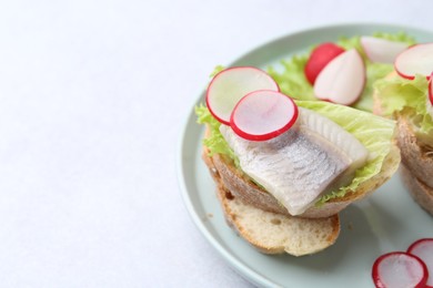 Tasty sandwiches with herring, radish and lettuce on light table, closeup