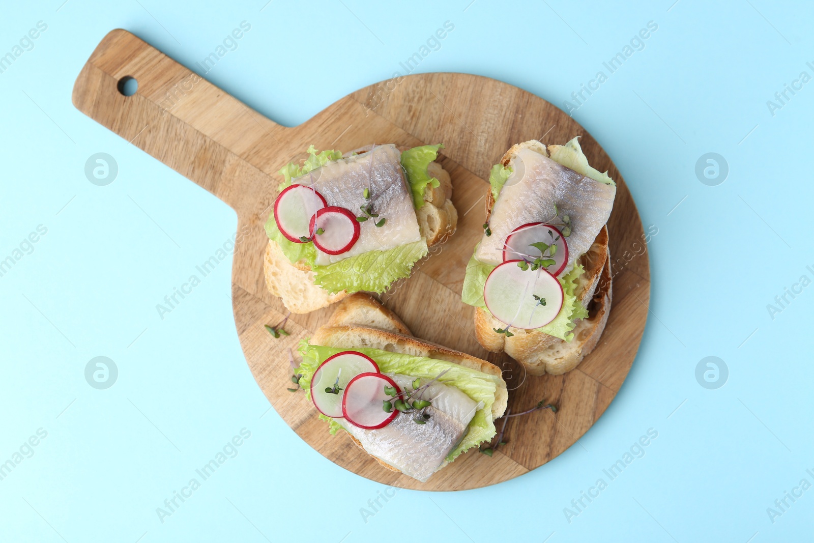 Photo of Tasty sandwiches with herring, radish and lettuce on light blue background, top view