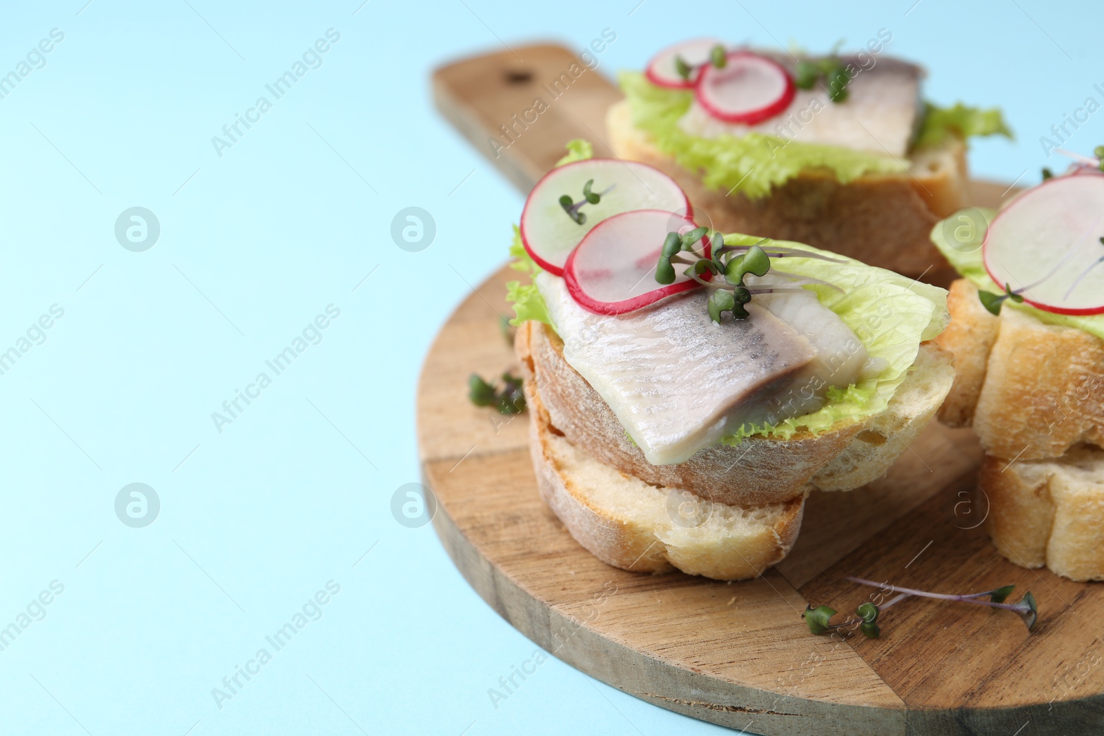 Photo of Tasty sandwiches with herring, radish and lettuce on light blue background, closeup. Space for text