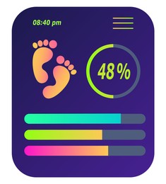 Image of Step counting app interface for smartwatch on white background. Information and illustration of feet