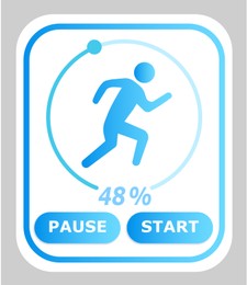 Image of Step counting app interface for smartwatch on light grey background. Information, buttons Pause, Start and illustration of running human