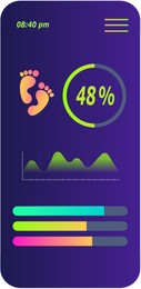 Image of Step counting app interface for mobile phone. Information and illustration of feet