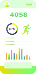 Image of Step counting app interface for mobile phone. Information and illustration of running human