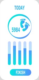 Image of Step counting app interface for mobile phone. Information, button Finish and illustration of feet