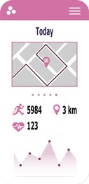 Image of Step counting app interface for mobile phone. Information, map with distance covered, illustrations of running man, heart and location marker