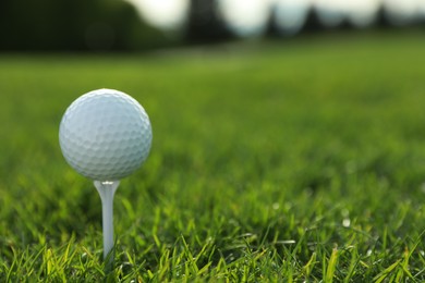 Photo of Golf ball on tee at green course, closeup. Space for text