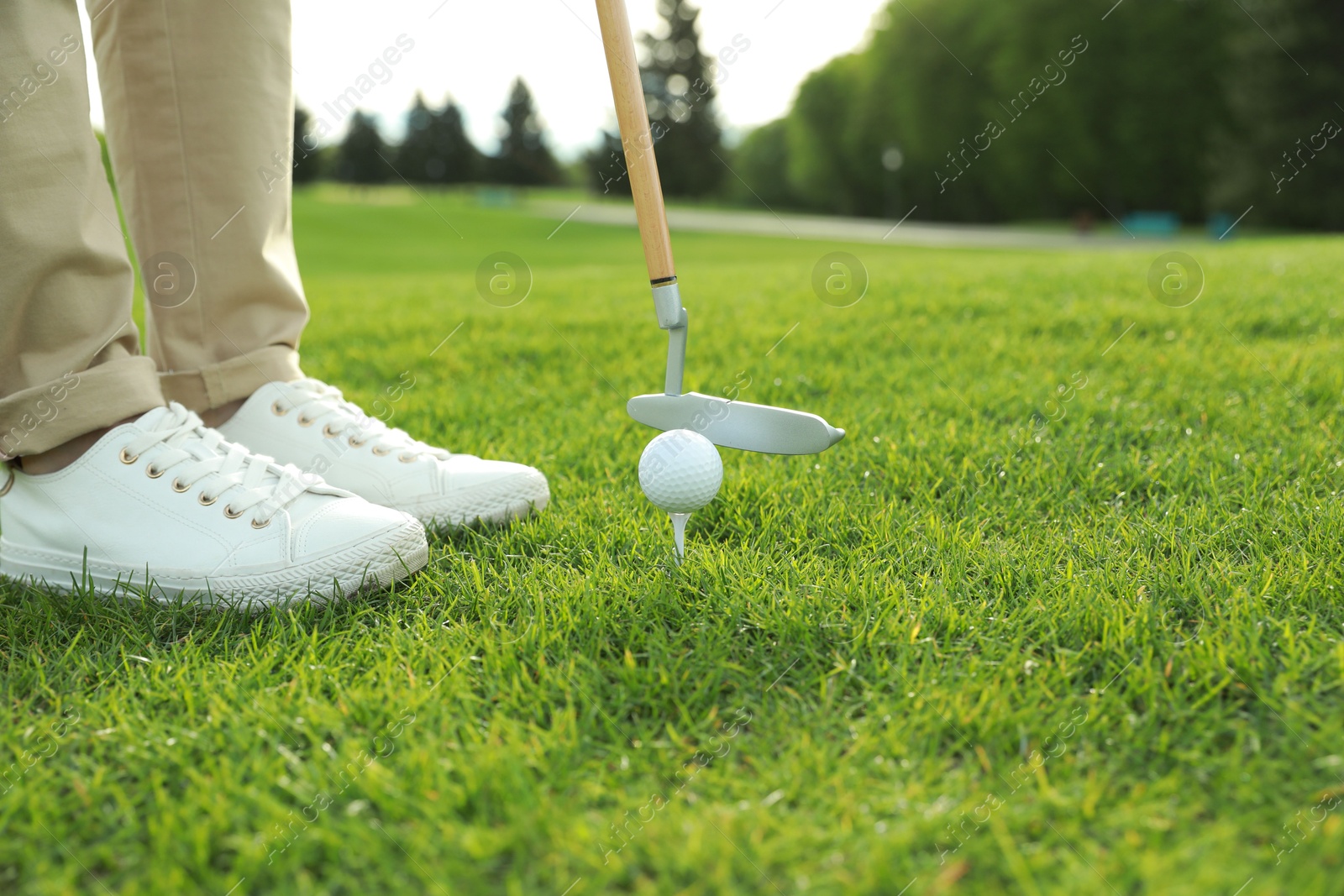 Photo of Person playing golf on green course, closeup