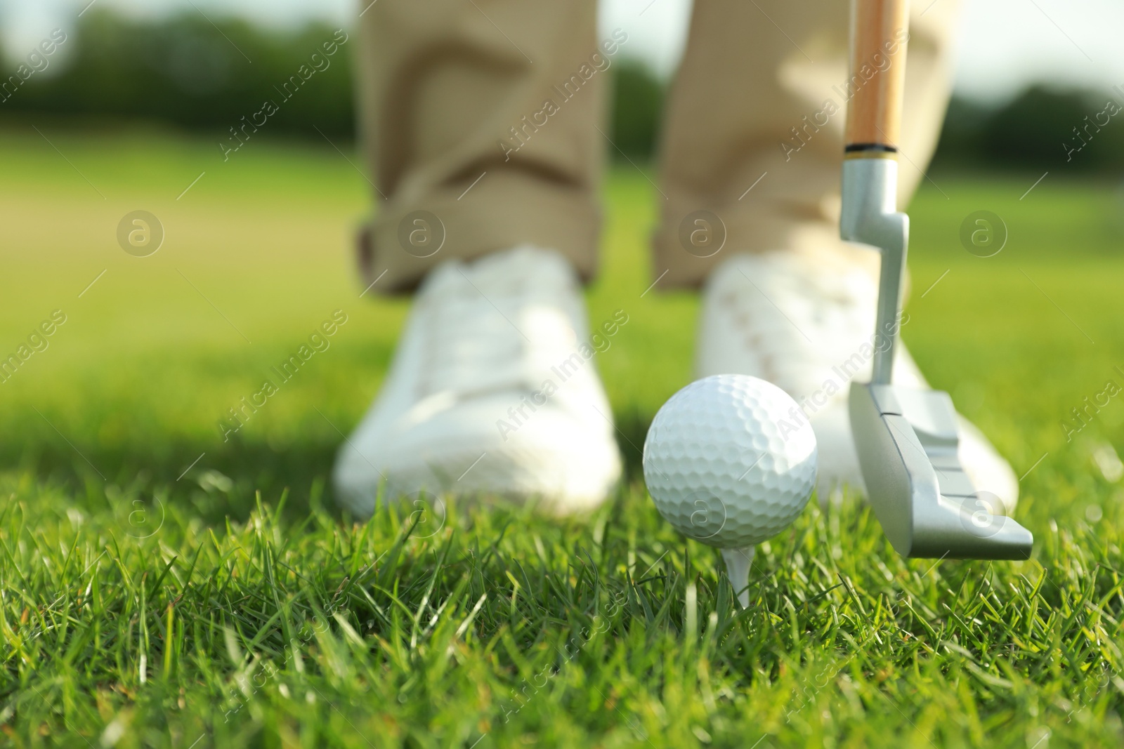 Photo of Person playing golf on green course, closeup