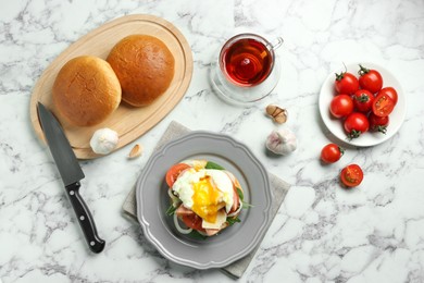 Photo of Flat lay composition with tasty brunch served on white marble table