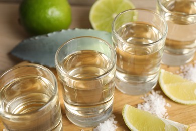 Photo of Tequila shots with salt, limes and agave leaf on wooden table, closeup