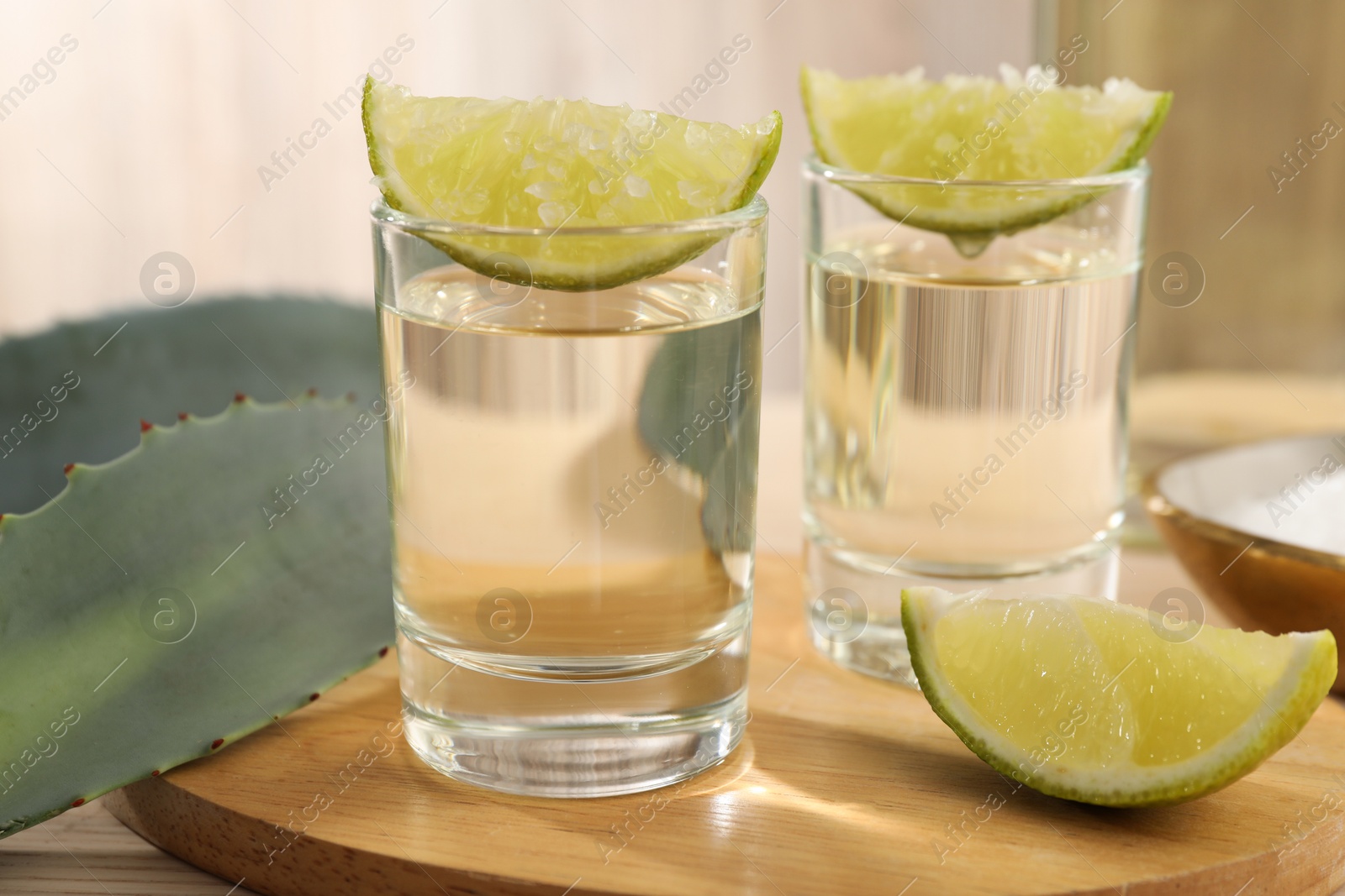 Photo of Tequila shots with lime slices, salt and agave leaves on wooden table, closeup