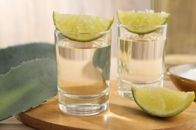 Photo of Tequila shots with lime slices, salt and agave leaves on wooden table, closeup