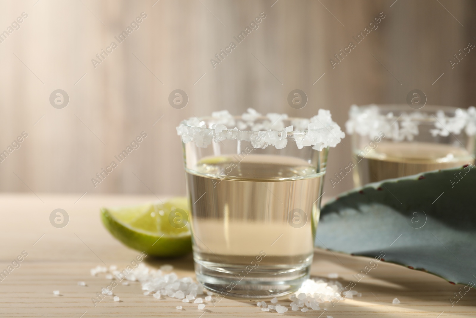 Photo of Tequila shots with salt, lime slice and agave leaf on wooden table, closeup. Space for text