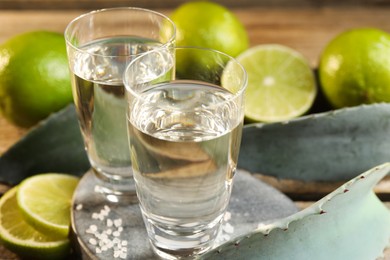 Tequila shots with salt, limes and agave leaves on wooden table, closeup