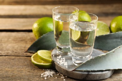 Tequila shots with salt, limes and agave leaves on wooden table, closeup. Space for text