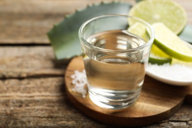 Photo of Tequila shot with lime slices and agave leaf on wooden table, closeup. Space for text