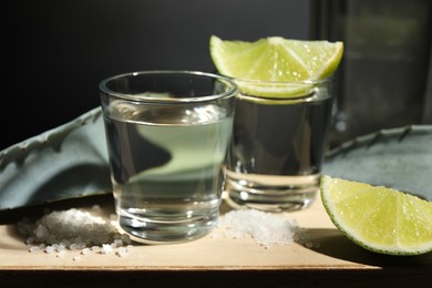 Photo of Tequila shots, slices of lime, salt and agave leaves on wooden table against black background, closeup