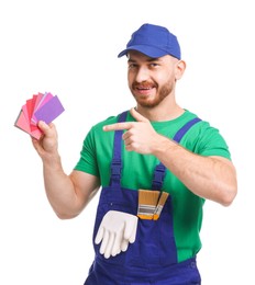 Photo of Professional painter showing color samples on white background