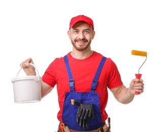 Professional painter with roller and bucket of paint on white background