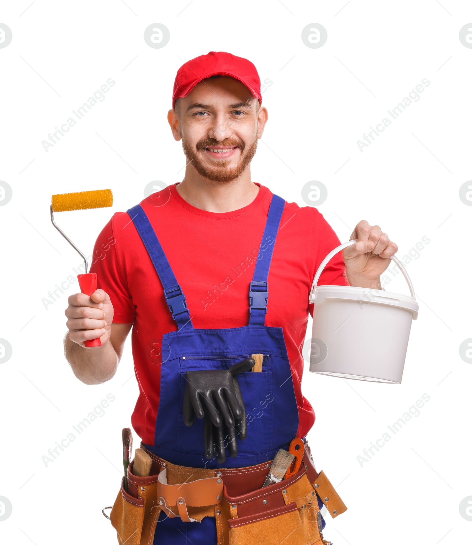 Photo of Professional painter with roller and bucket of paint on white background