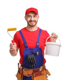 Professional painter with roller and bucket of paint on white background