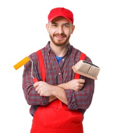 Professional painter with tools on white background