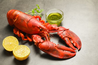 Photo of Delicious boiled lobster with oil, microgreens and lemon pieces on grey table, closeup