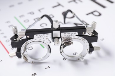 Photo of Trial frame on vision test chart, closeup