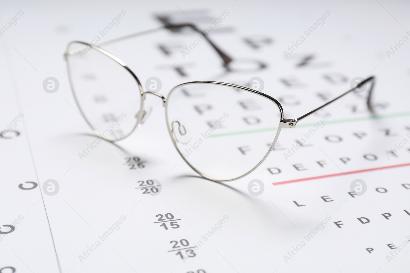 Photo of Glasses on vision test chart, closeup view