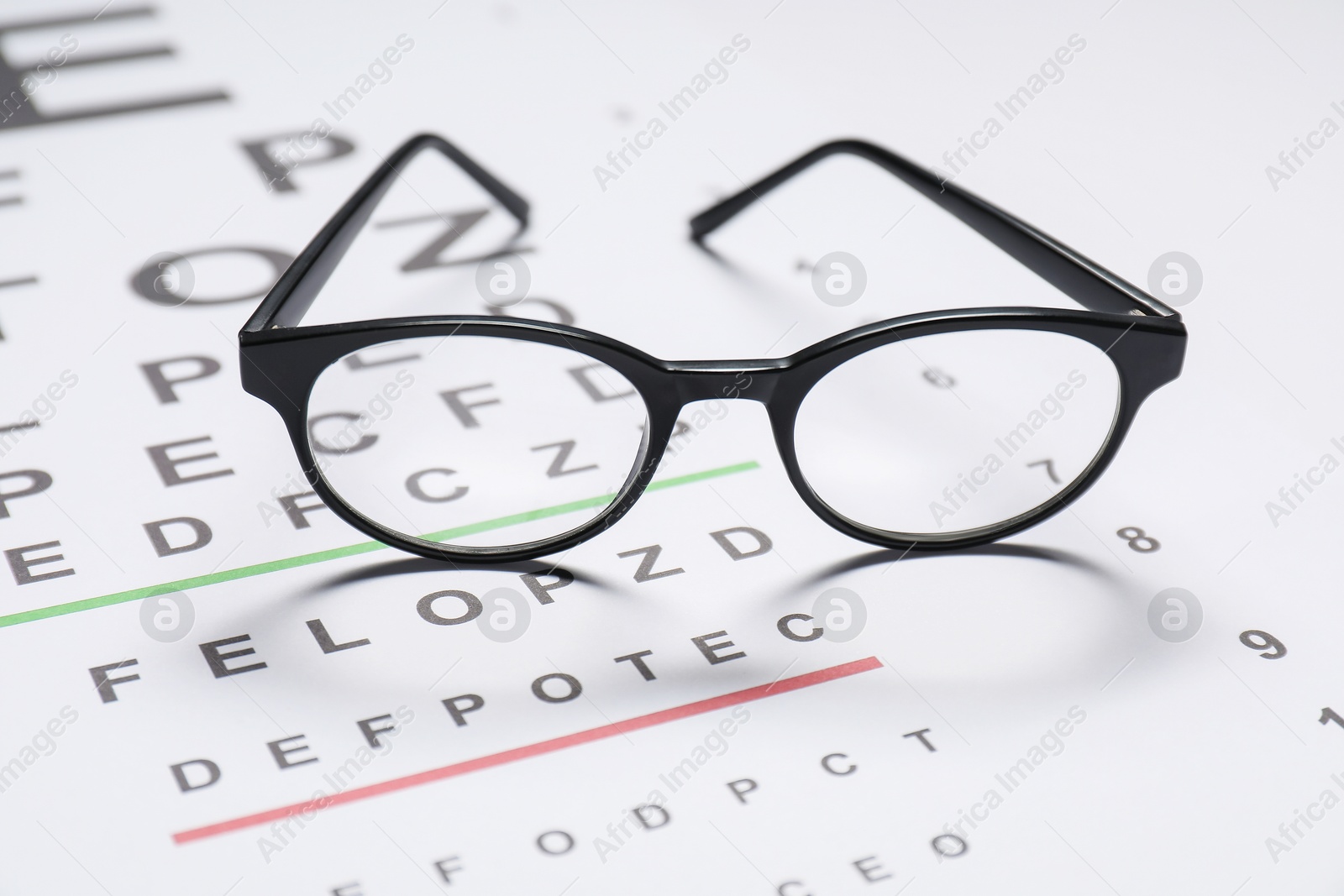 Photo of Glasses on vision test chart, closeup view