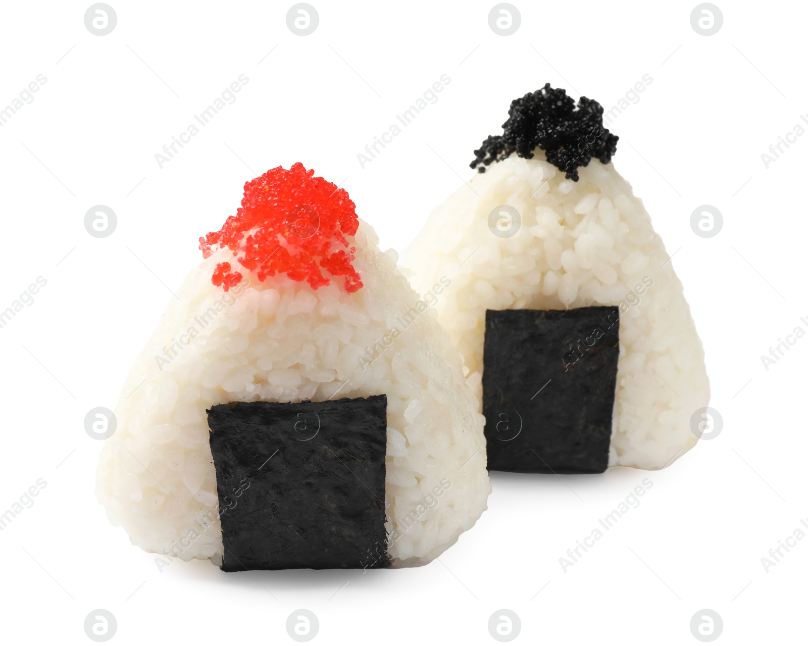 Tasty tobiko onigiri (Japanese rice balls) isolated on white Photo of Tasty tobiko onigiri (Japanese rice balls) isolated on white