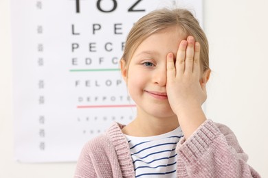 Little girl covering her eye against vision test chart