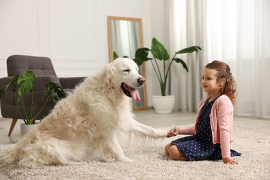 Photo of Little girl with cute dog on carpet at home