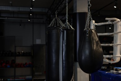 Photo of Punching bags and boxing ring in training center