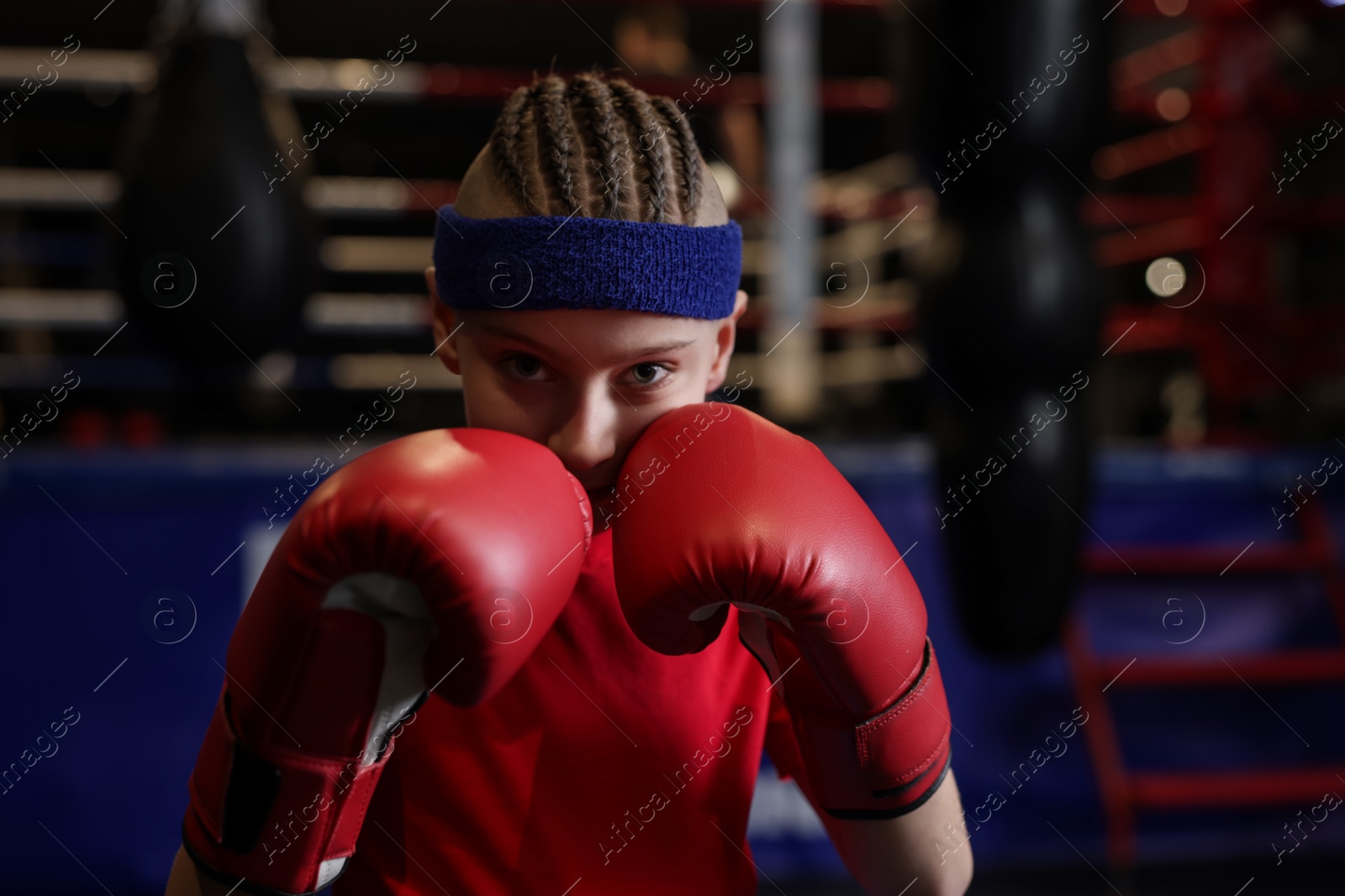 Photo of Boxing. Boy in protective gloves at training center