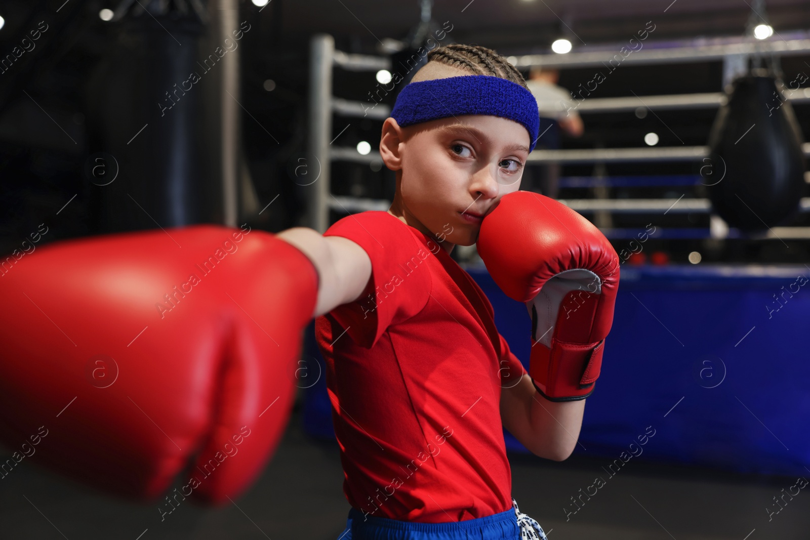 Photo of Boxing. Boy in protective gloves at training center