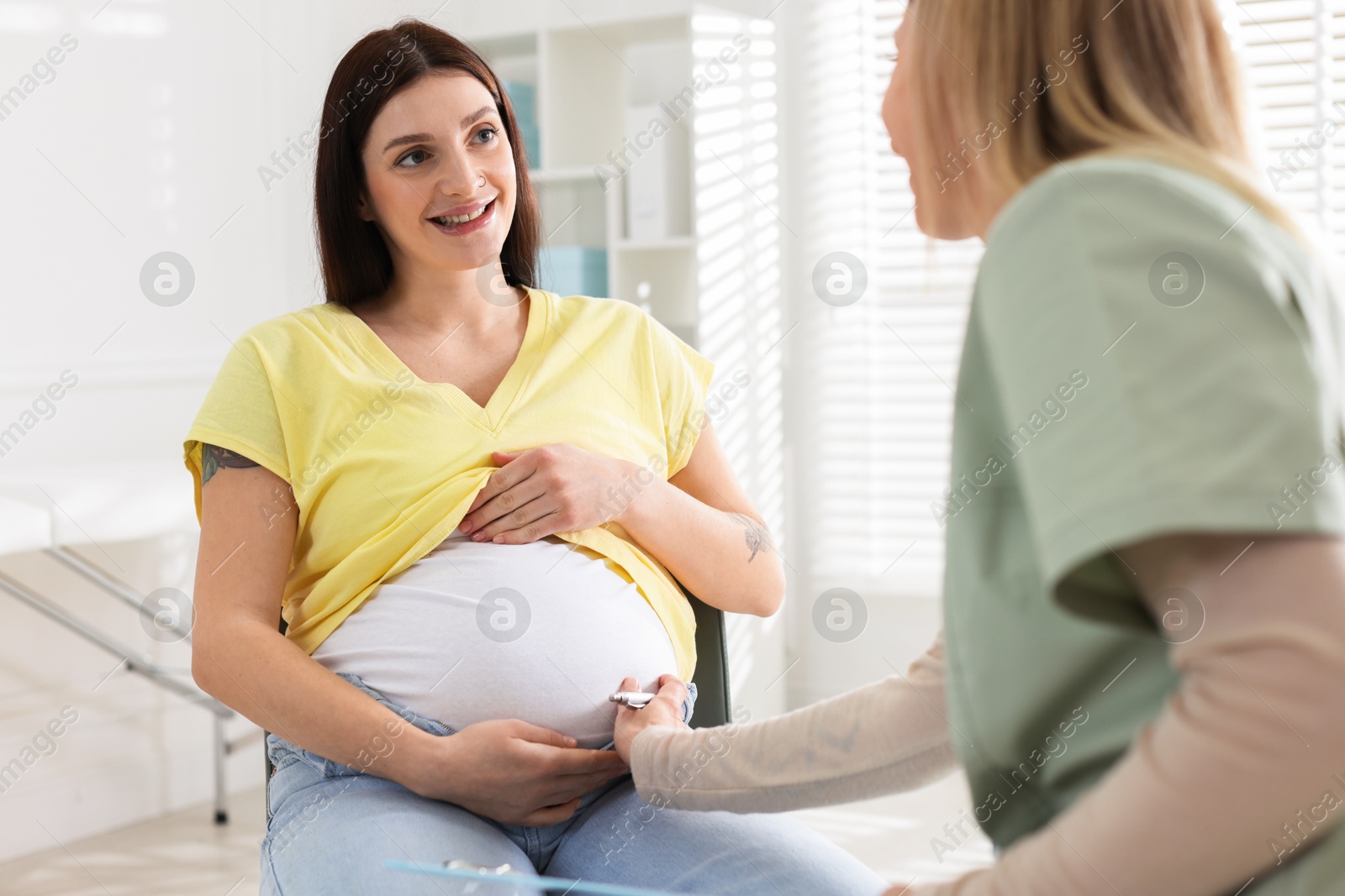 Photo of Pregnant woman having appointment with doctor in clinic