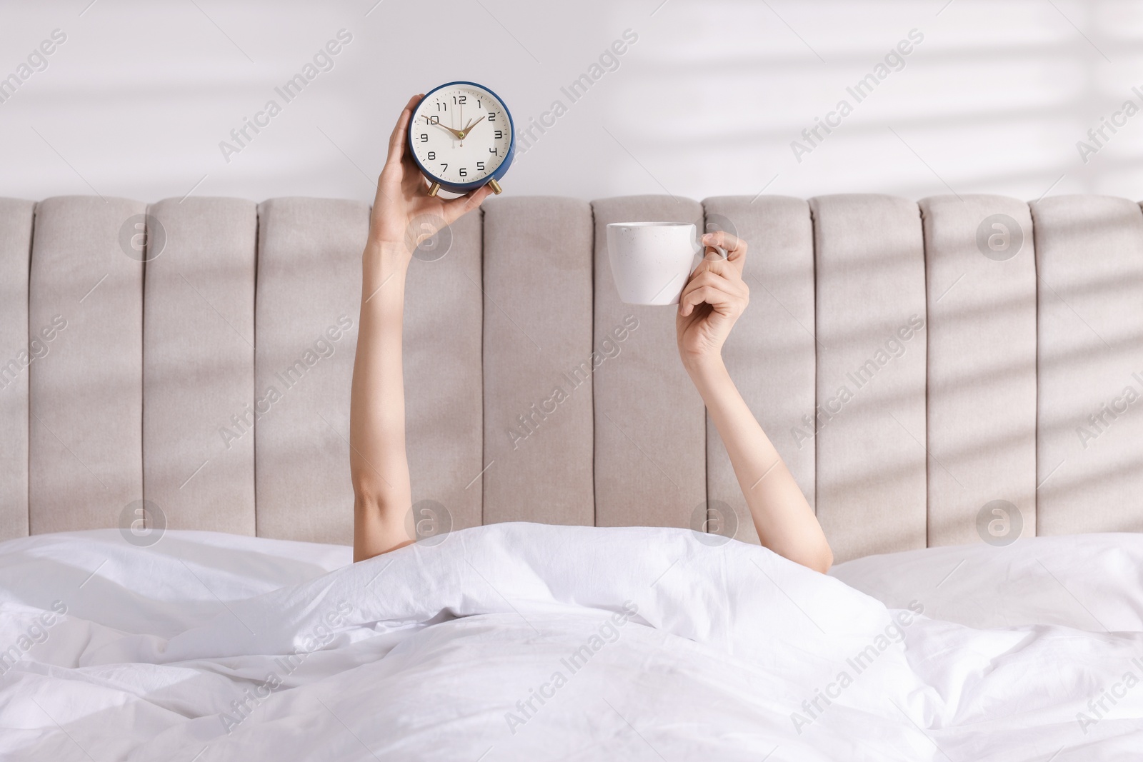 Photo of Woman with alarm clock and cup in bed at home, closeup. Good morning